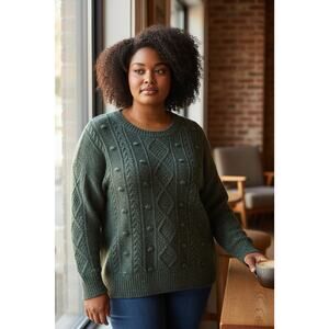 Old Navy Sweater Sz 2X Green Chunky Knit Womens Cable Knit Fisherman Cabin Core